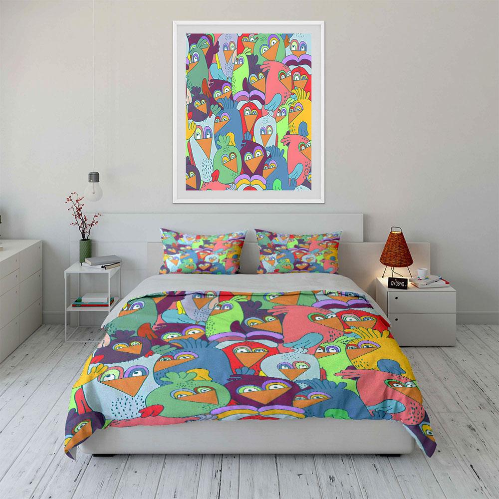 Colorful Cartoon Bird Illustration Printed Duvet Cover Set1 Duvet Cover+2 Pillowcasemulti Size Bedroom Bedding Decor