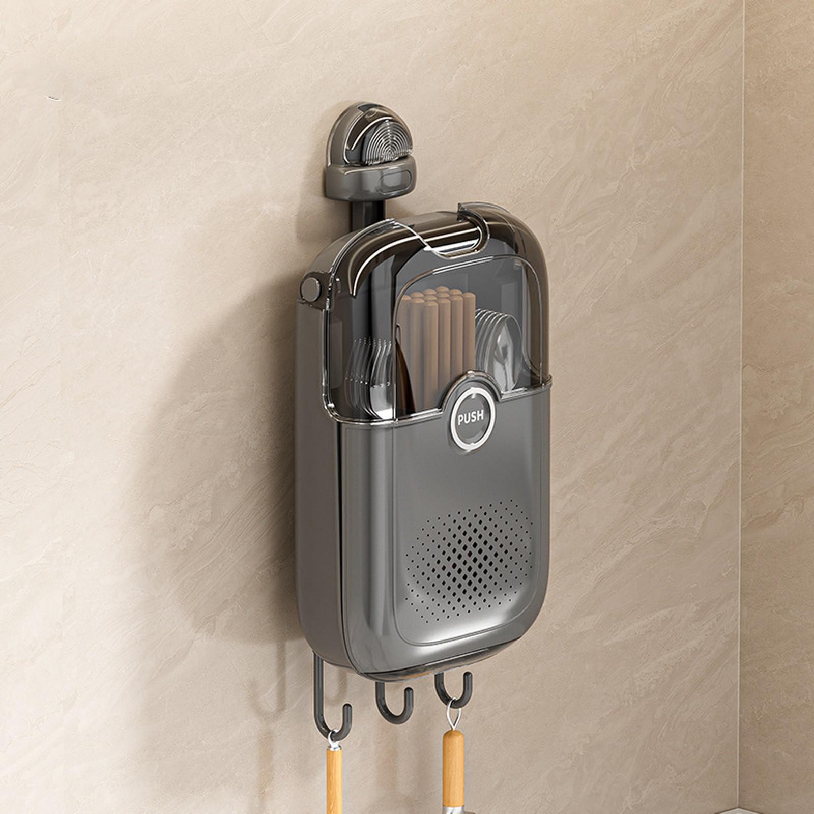 

Wall Mounted Suction Cup Kitchen Utensil Holder Cutlery Storage Box Spoon Chopsticks Rack Organizer with Drainage Holes and Hooks one size