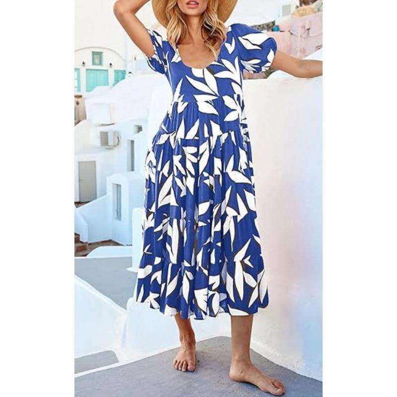 Damenbekleidung Puffärmel Kondensiertes Rückenscheiben-Druck Mehrlagiges Kurzarmkleid