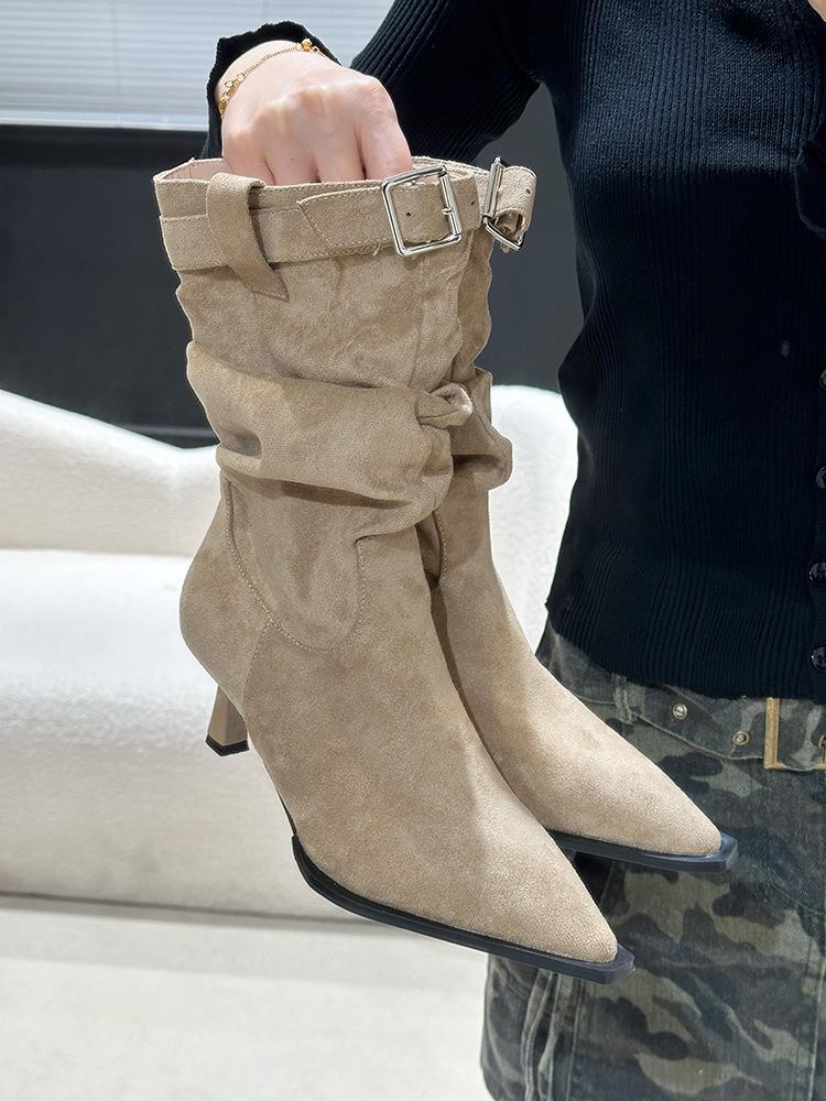 Pointed belt buckle stiletto booties 2025 autumn and winter suede pile boots high heel leopard print booties