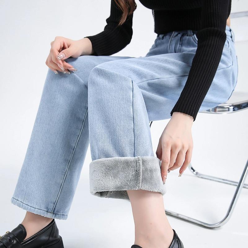Damen Jeans Herbst Winter Samt Dick Gerade Weites Bein Jeans Hohe Taille Locker Wollfleece Mom Mode Hose
