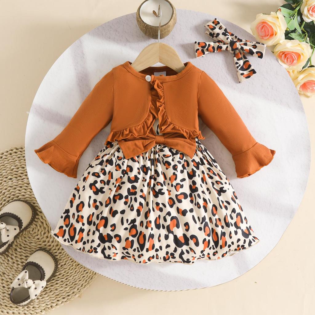 Baby Girls' Bell Sleeve Jacket & Leopard Dress with Bow & Headband (0-3 Years)