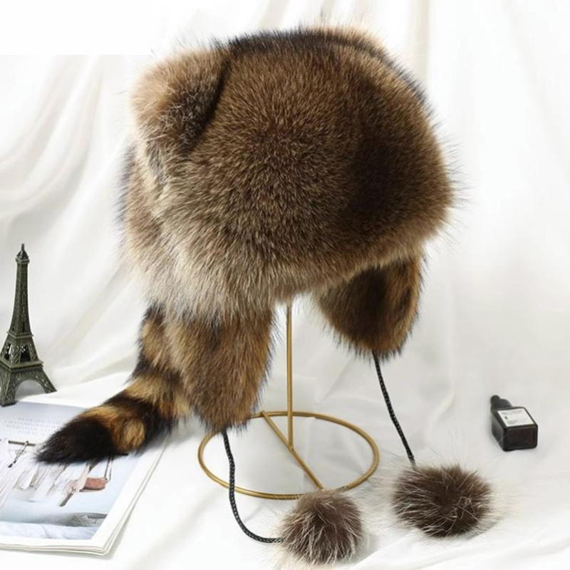 New Women Natural Raccoon Fur Caps Ushanka Hat For Winter Thick Warm Ear Fashion Pompoms Hat Lady Loveliness Real Fox Fur Cap