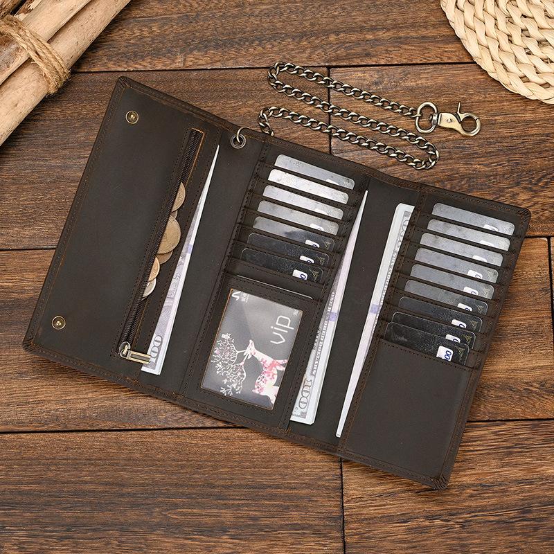 Men'S Crazy Horse Leather Wallet Long Wallet Iron Chain Anti-Theft Clutch Bag Multi-Card Mobile Phone Bag Rfid Wallet Change Bag