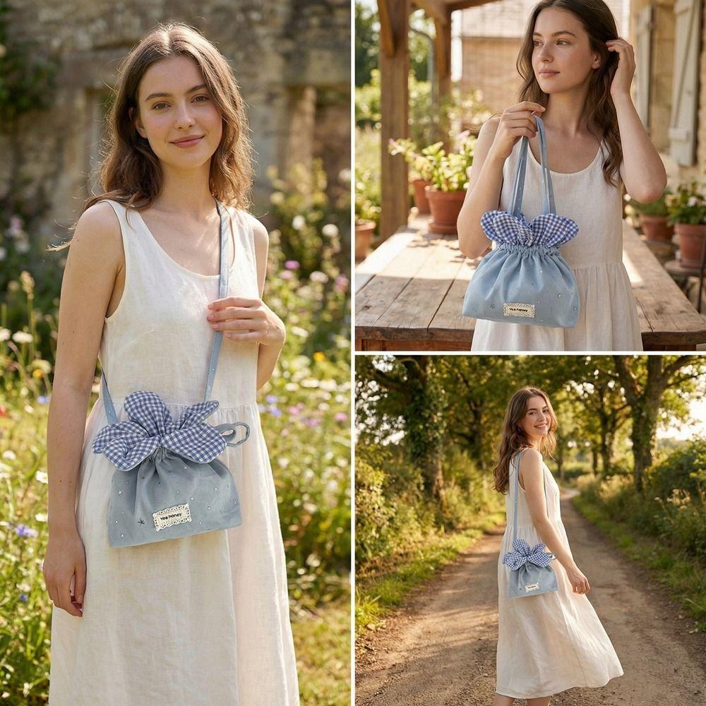 Bundle Pocket Flower Drawstring Crossbody Bag Plaid Korean Style Sparkly Star Flower Bag Cute Portable Flower Handbag Travel
