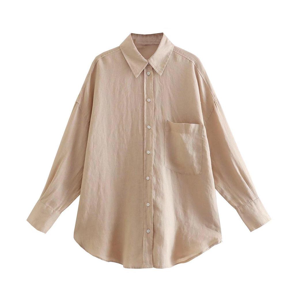 2023 Autumn New European & American Street Style Multi-color Long Sleeve Solid Linen Shirt with Pocket Detail