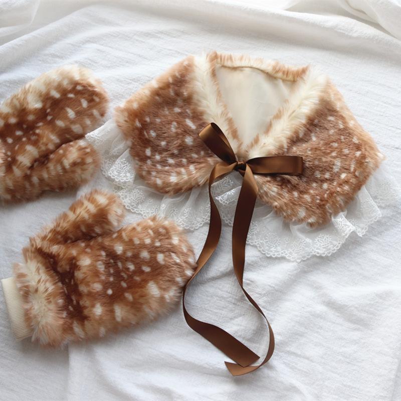 Full Finger Winter Warm Cute Mori Deer Outdoor Plush Gloves, Christmas Decoration Performance Costume Set