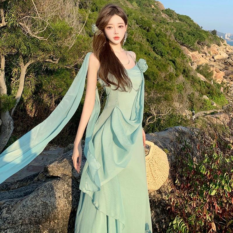 French Haute Dress Dress Holiday Style Waist Mint Green Greek Style Suspender Ribbon Pleated Dress Women's Summer