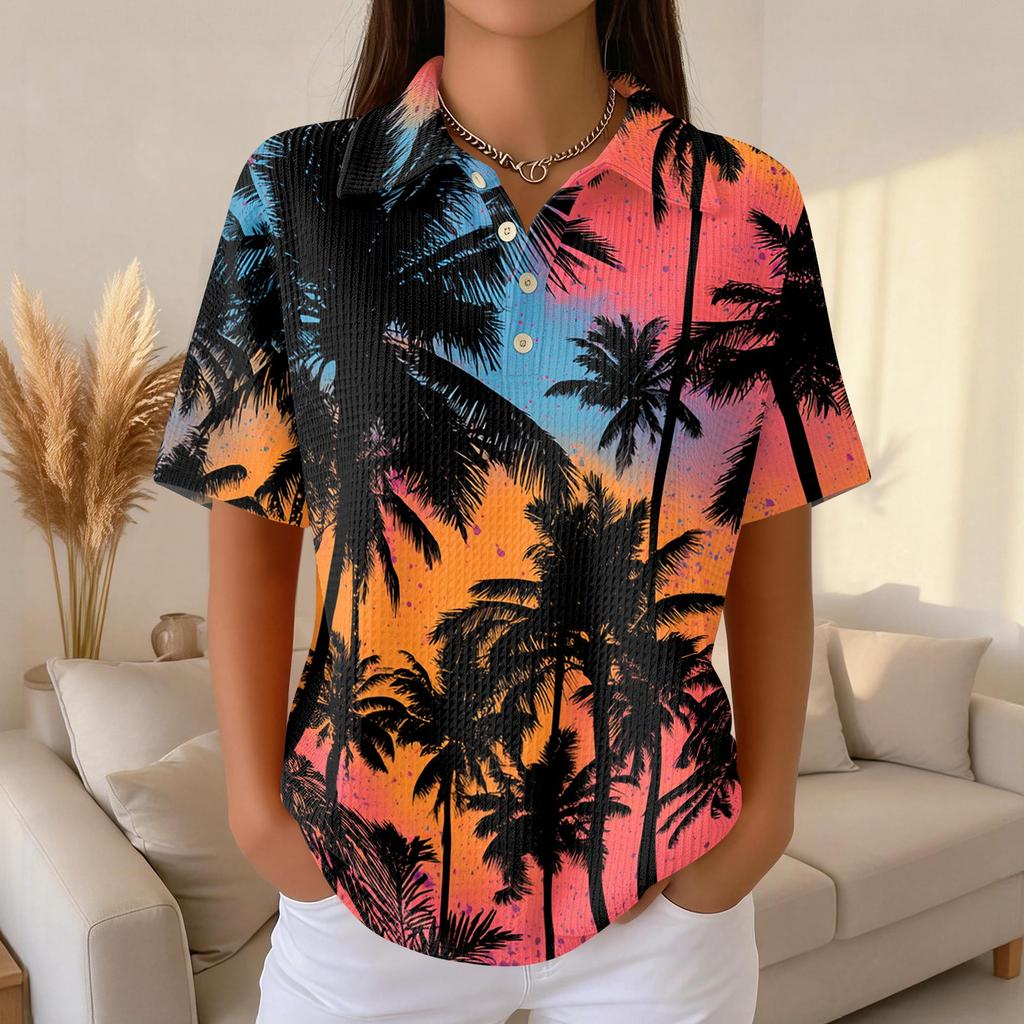 Women Casual Short Sleeve Hawaiian Print Waffle Knit Polo Shirt Lightweight Breathable Summer Top with Button Down Collar