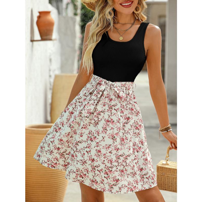 Abito Mini da Donna Primavera Estate Elegante Casual Color Block Senza Maniche Cintura Annodata Vestibilità Aderente Stampa Floreale Linea ad A