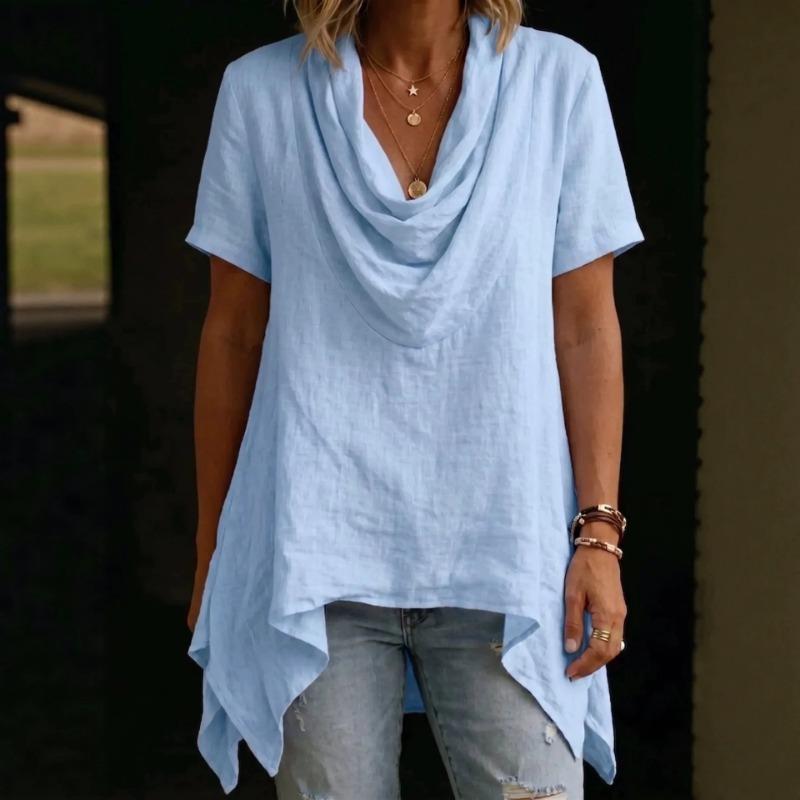 Women Casual Loose Cowl Neck Short Sleeve Asymmetric Hem Solid Blouse