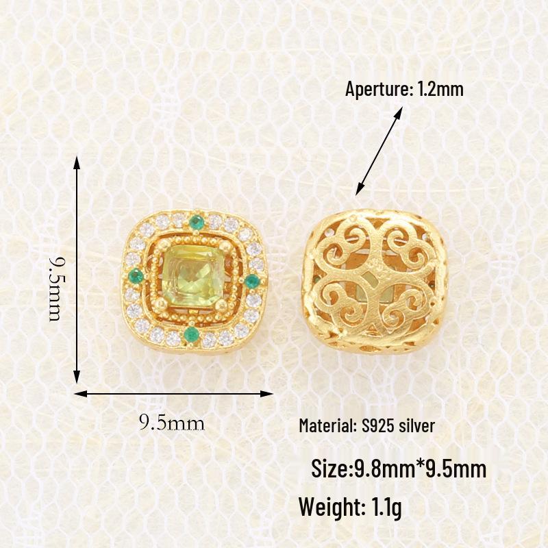 S925 Sterling Silver Inlaid Natural Peridot Diopside Loose Beads Spacer for DIY Bracelet Necklace T7