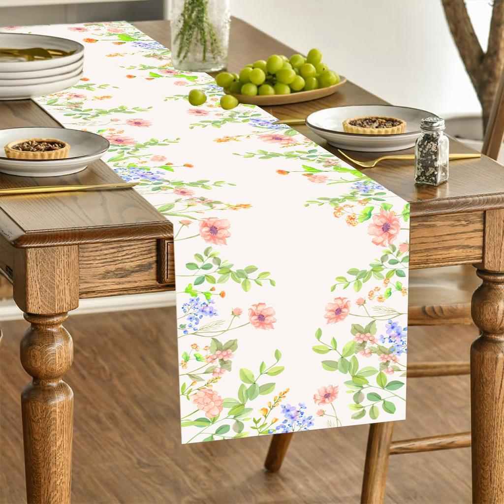 Spring Floral Watercolor Butterfly Colorful Wildflowers Burlap Linen Table Runners for Home Holiday Indoor Outdoor Wedding Party