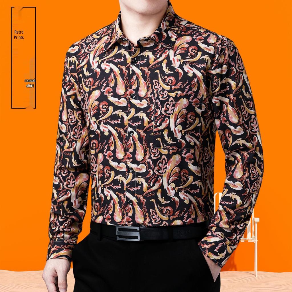 Spring & Autumn Men's Plus Size Printed Cotton Linen Shirt - Business Casual, Long Sleeve.