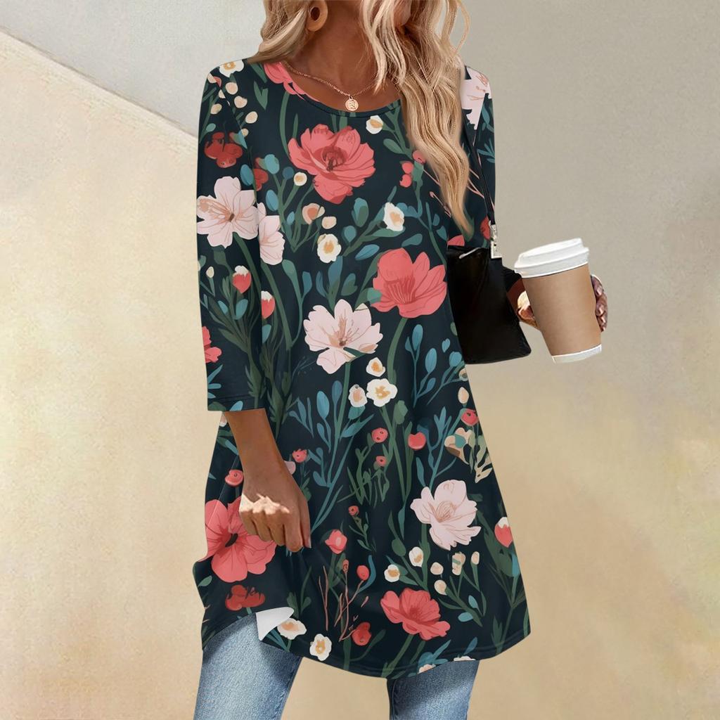 Dame Mote Casual Trekvartsermet Lang Blomstermønstret Rundhals Topp