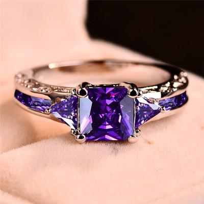 Mode Frauen Zink-legierung Princess Cut Lila Glas Ehering Party Schmuck Geschenke Größe 5 6 7 8 9 10 11