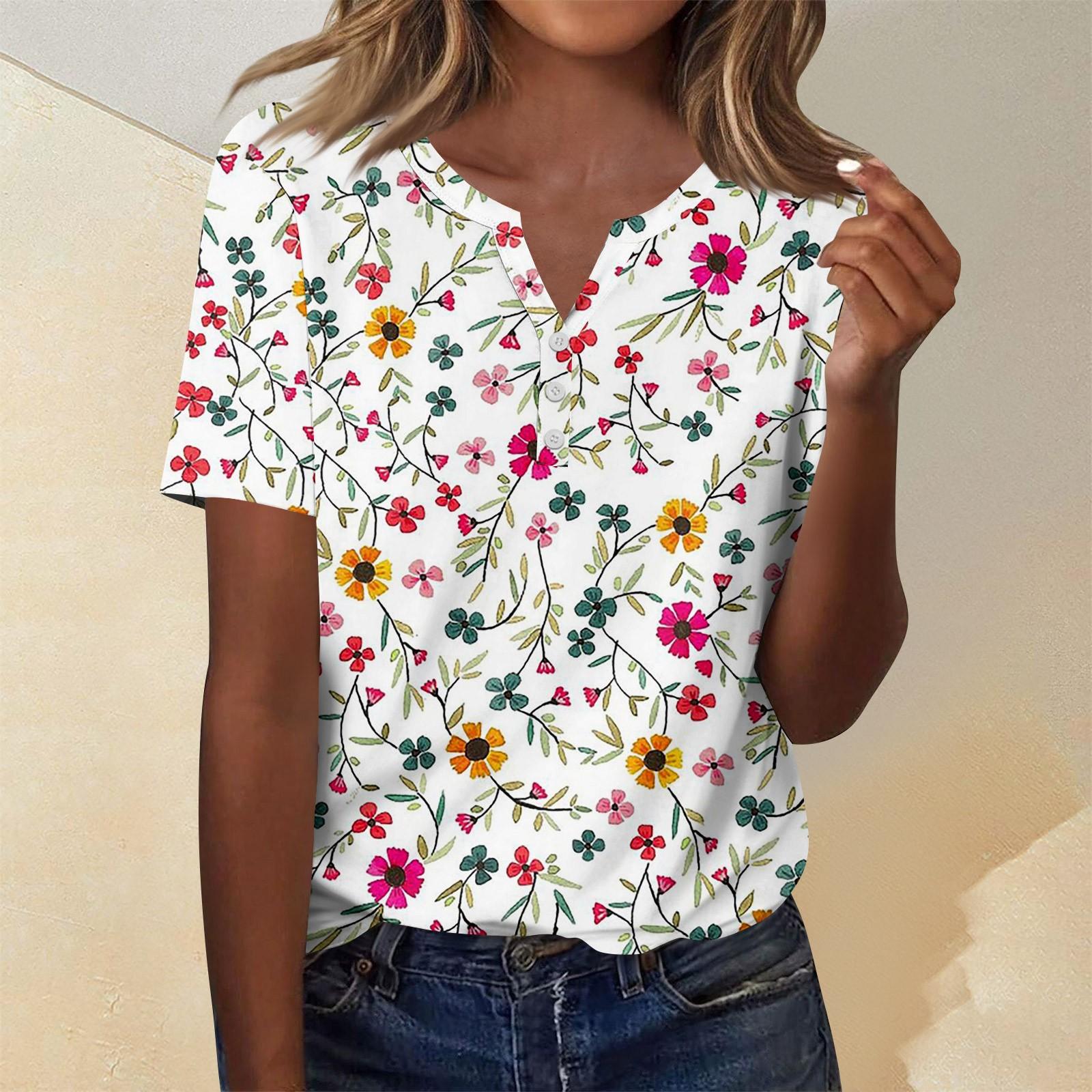

Женская мода повседневный короткий рукав цветочный принт топ XL