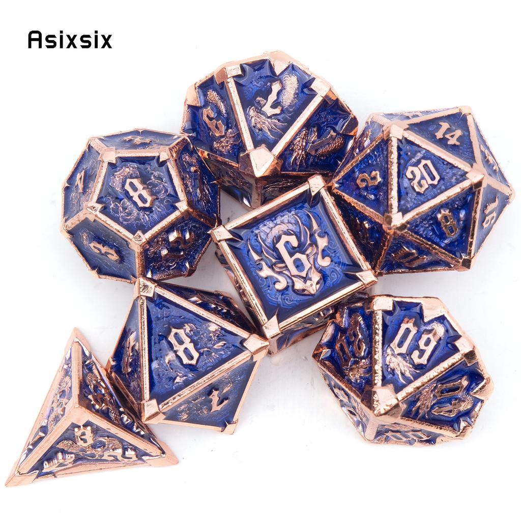 7 Pcs Dark Blue Skull Metal Dice Solid Metal Polyhedral Dice Set Suitable for Role-Playing RPG Board Game Card Game