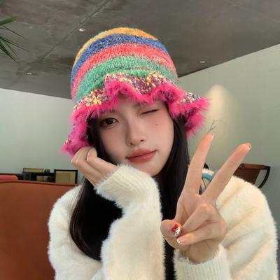 Rainbow, Vintage Fisherman Hat, Female, Autumn and Winter, Dopamine, Warm and Thick, Basin Hat, Ear Protection Knitted Hat