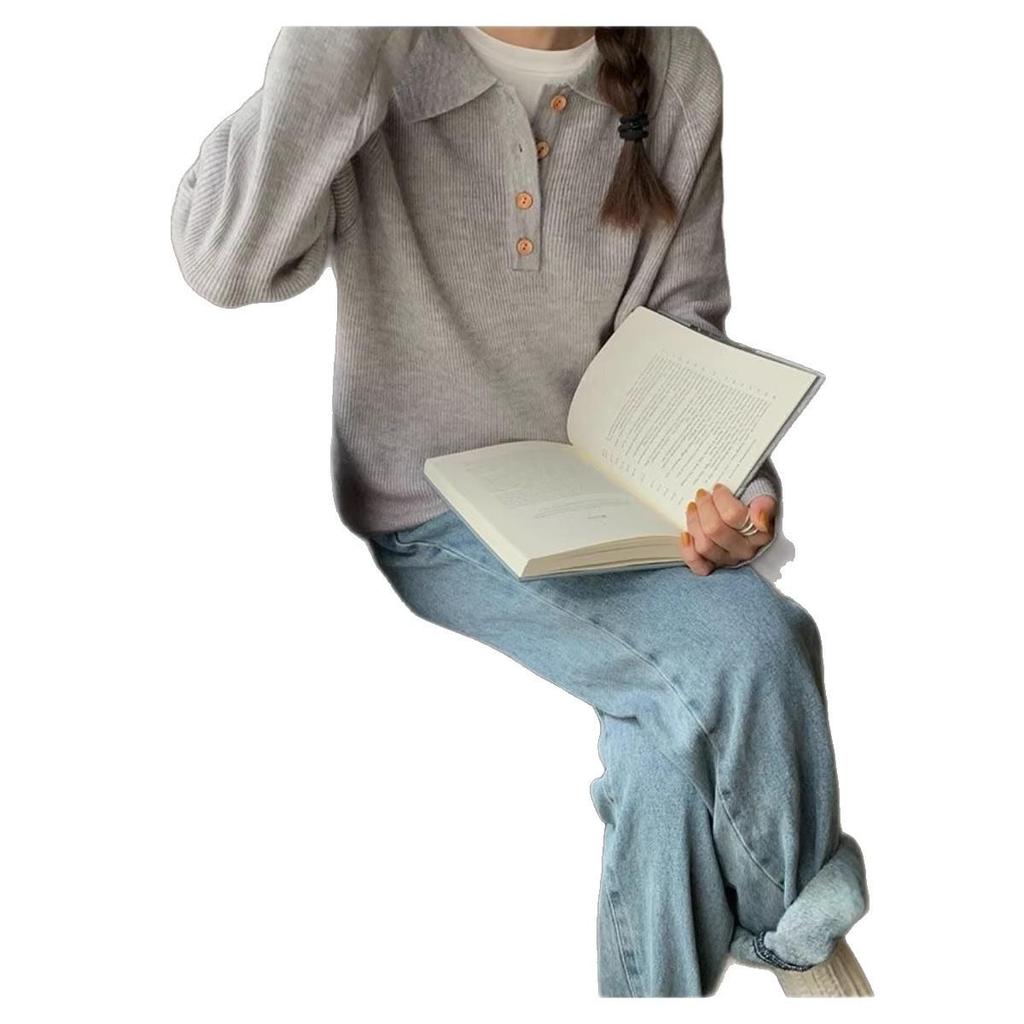 Women's Retro Polo Neck Grey Long Sleeve Knitwear - Soft Loose Fluffy Wool Sweater for Spring 2026.