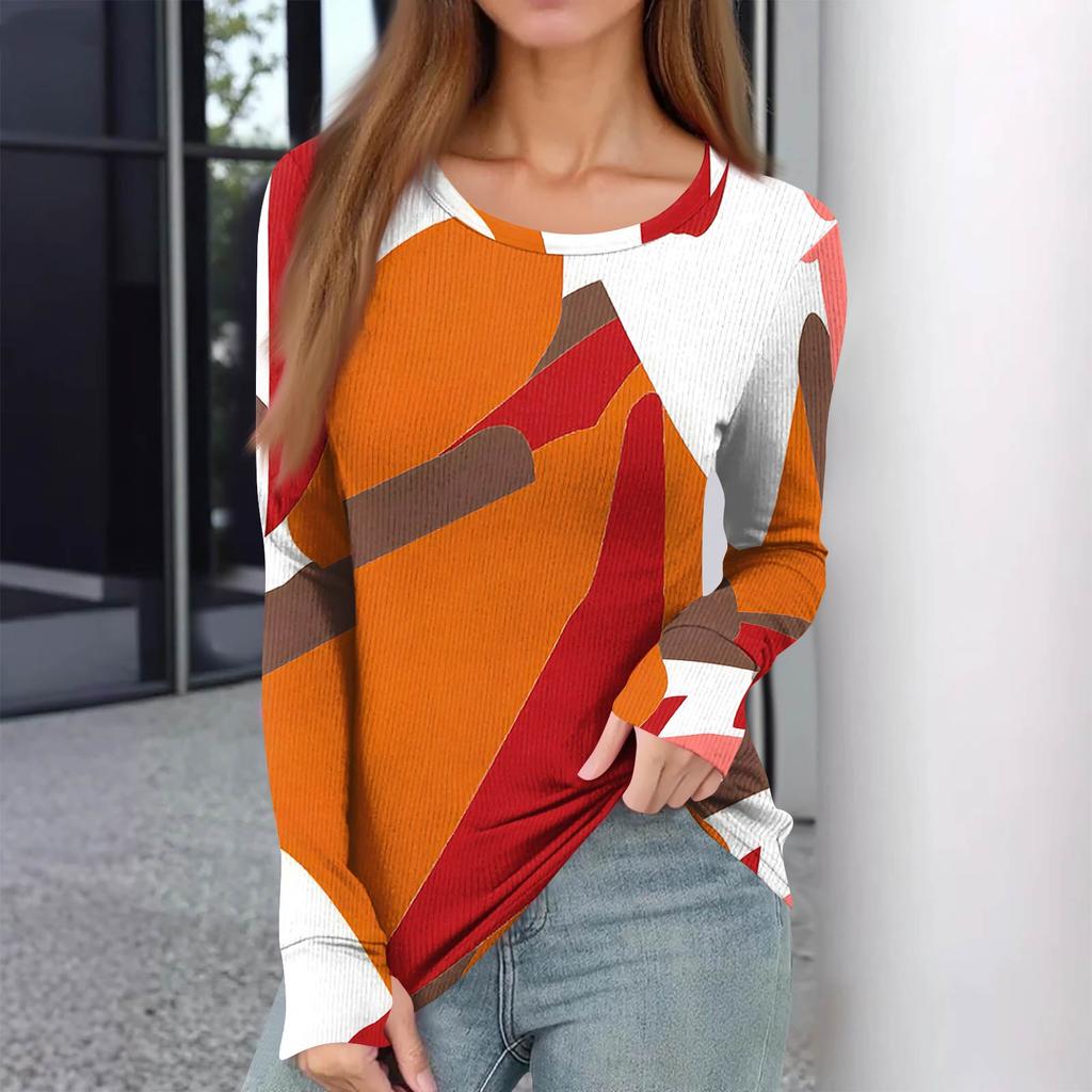 Camiseta de Fondo Ajustada para Mujer y Invierno Moda Casual Estampado Degradado Cuello Redondo Jersey Manga Larga Top