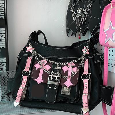 Gothic Shoulder Bag Girl Pu Crossbody Bag Pink Cross Chains Y2K High Capacity Storage Handbag Gifts