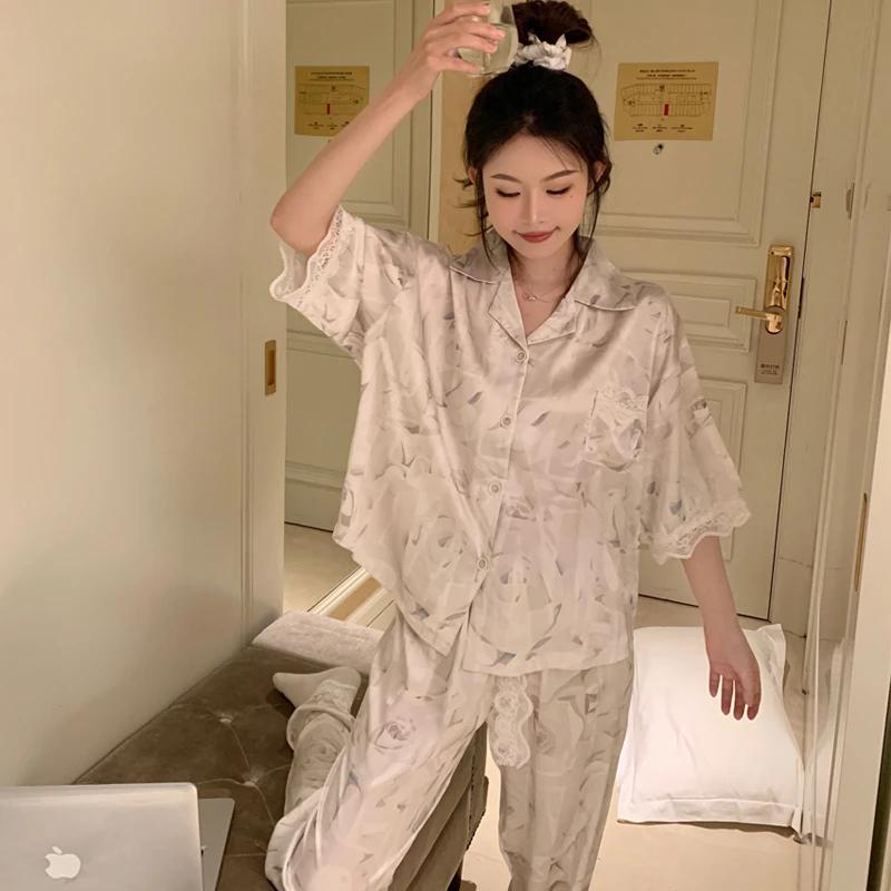 Elegant Abstract Flower Print Lace Women's Pajamas Geometric Floral Art Aesthetics Nightgown Summer Lounges