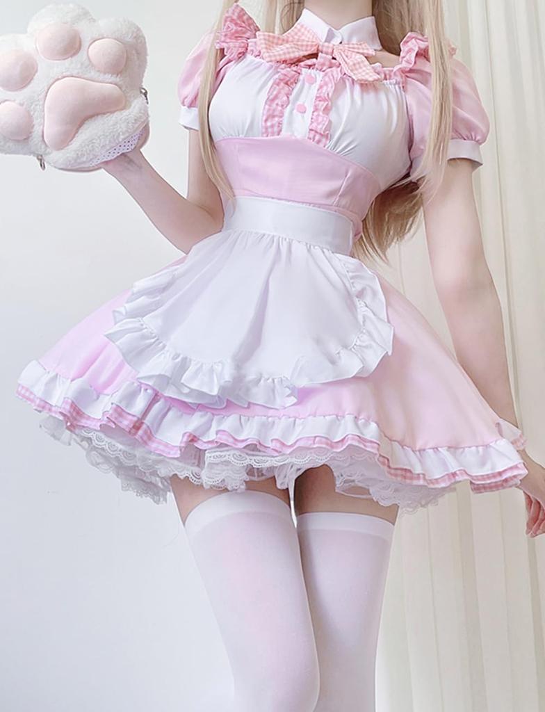 Shangki Manufacturing Gothic Lolita Dienstmädchen Moe Cosplay Short mit ordentlicher und hübscher Kellnerin Rosa Dienstmädchen Übergröße Outfit, Kostüm, Ärmel, Rüschen,