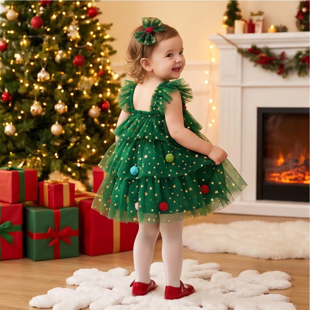 Children's Holiday Christmas Tree Tulle Dress with Spaghetti Straps Tiered Dress for Girls Party