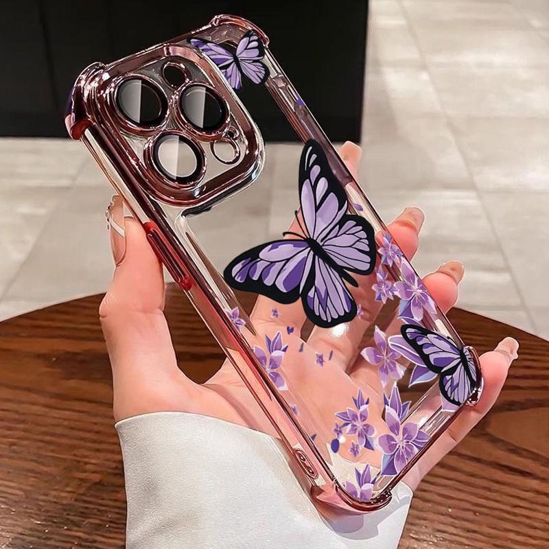 

Purple Butterfly Electroplated Airbag Transparent Phone Case For iPhone 16 Pro Max 15 14 Plus 13 12 11 17 Air 16E Soft Cover iPhone 11
