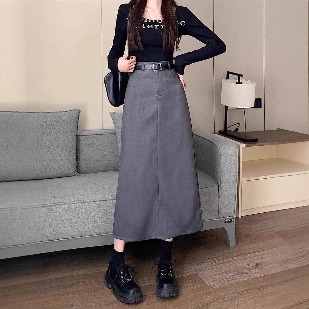 Plus Size Grey Casual Suit with High Waist Slimming Straight Midi Skirt, Versatile Long A-line Skirt for Women 2024