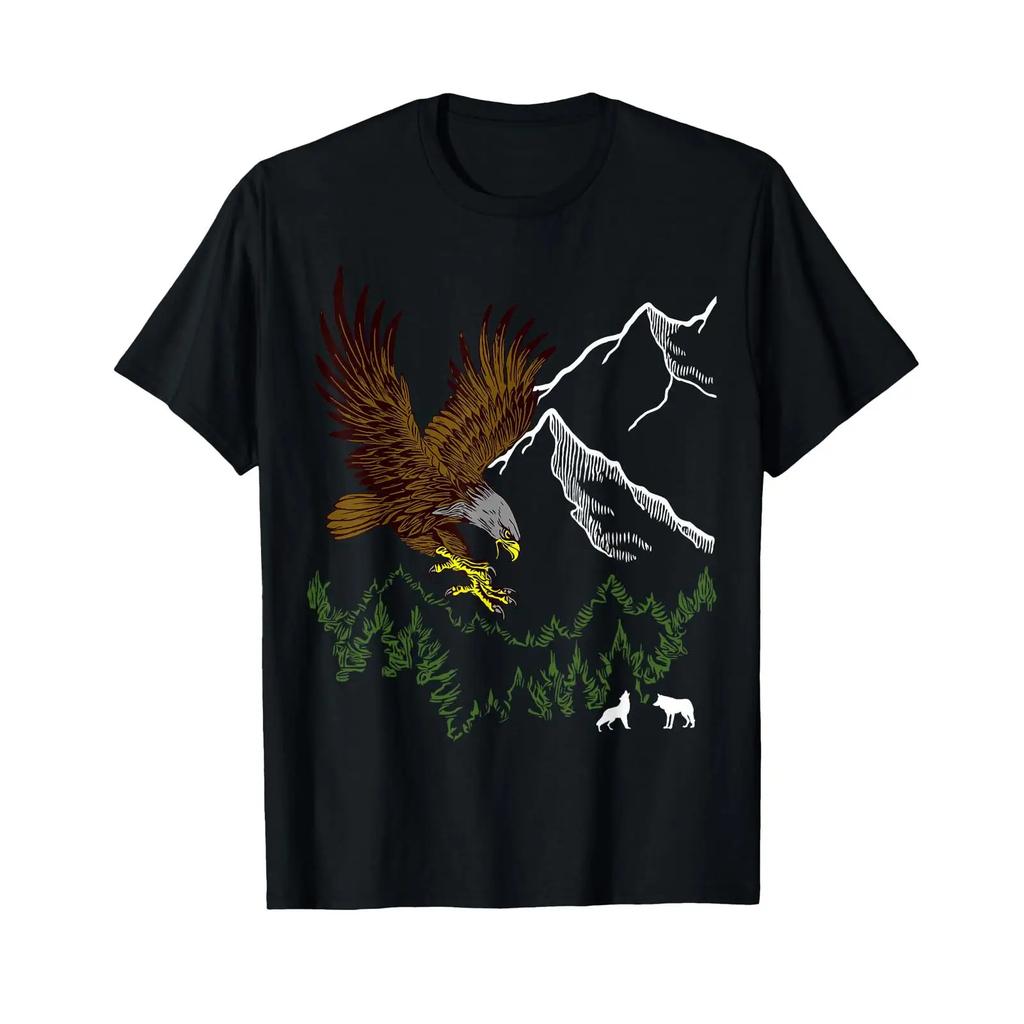 Mountain Eagle Print Animal with Bird Forest Motif T Shirt black vintage Washed Breathable Unisex fashion Top For Everyday Wear