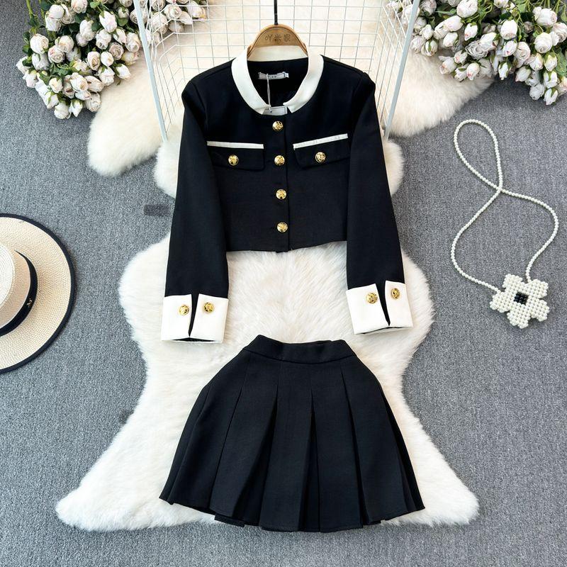 

Fashion Suit Women s Classic Style Contrast Color Long Sleeves Stand Collar Woolen Outwear Two-piece Set High Waist Slim Looking Pleated Skirt Black S
