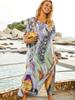 EDOLYNSA Multicolored Bikini Cover-ups Kaftan Sexy V-neck Half Sleeve Boho Summer Beach Dress Plus Size Beachwear Swimsuit Cover Up Q1166