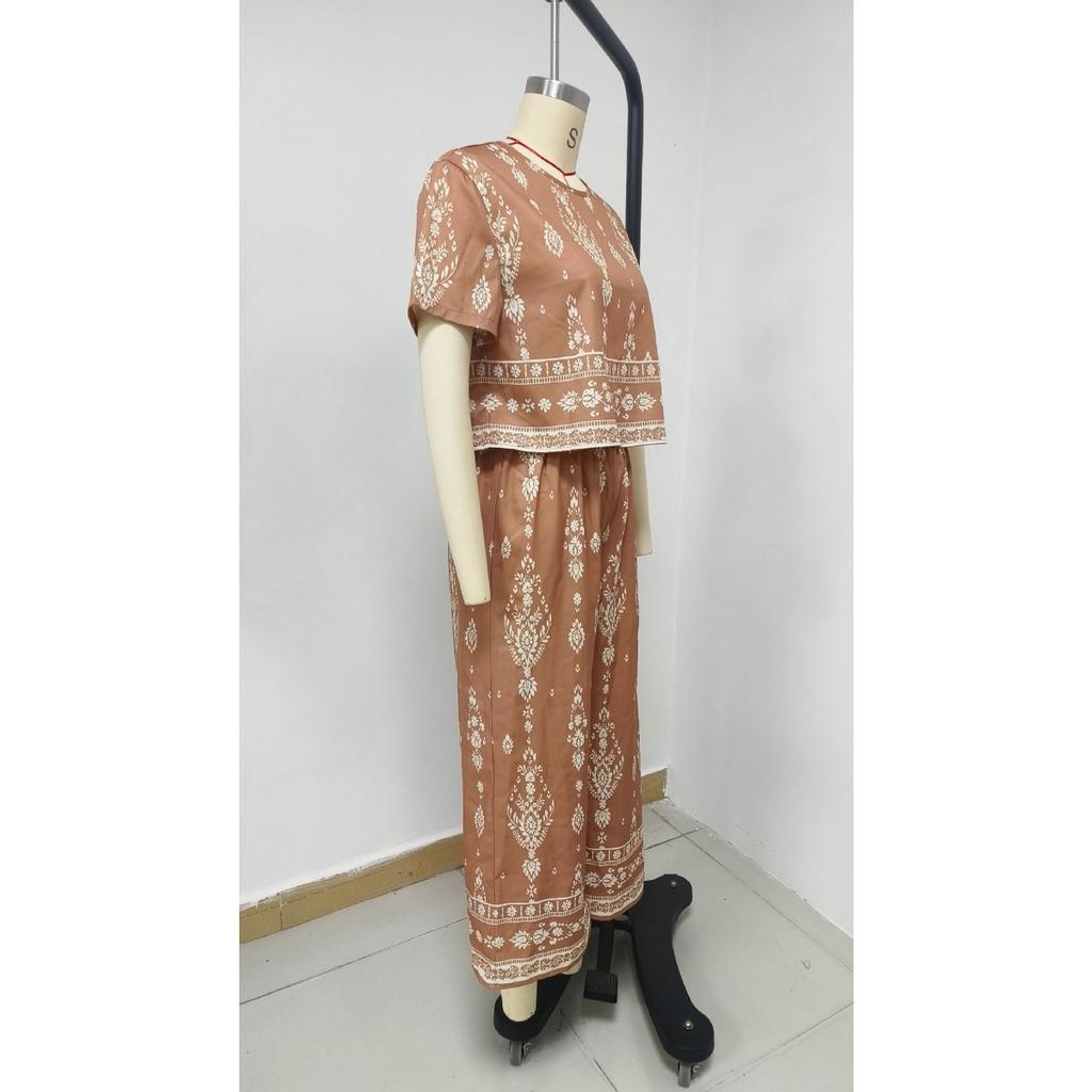 Women's Contrast Color Ethnic Print 2PCS Set Short Sleeve Top + Straight Pants Elegant Outfit For Summer