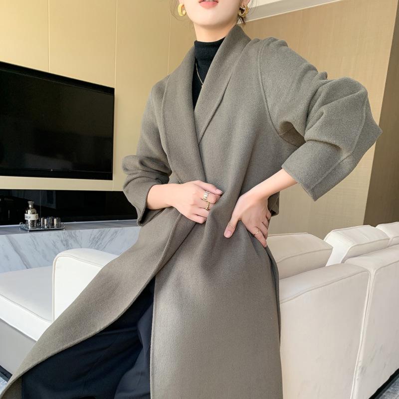 Women's Double-Faced Wool Overcoat with Tie Waist - Extra Long Lapel, Autumn/Winter.