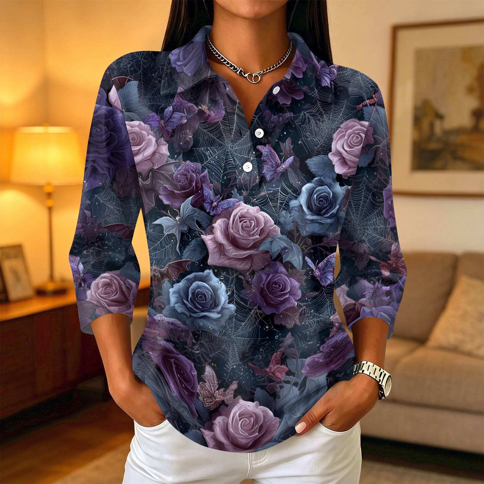 Women s Casual Halloween Print Button Three-Quarter Sleeve Top with Turn-Down Collar L