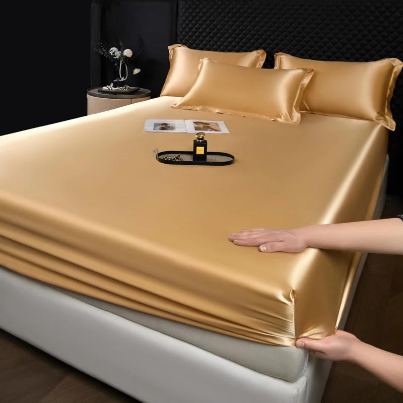 1Pc Satin Elastic Fitted Sheet Solid Mattress Cover for Single Double Couple King Queen Full Twin Bedsheet Satin Bed Linen