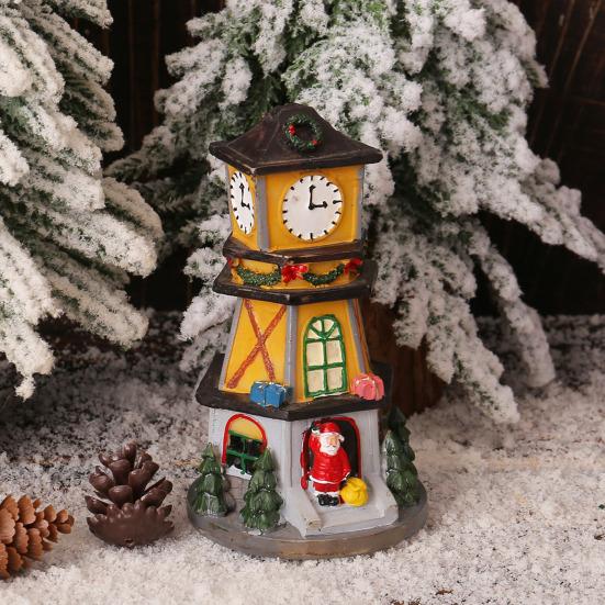 Christmas Village House Figurine LED Light Up Clock Tower Ornament Resin Tabletop Decoration for Holiday Winter Home Decor