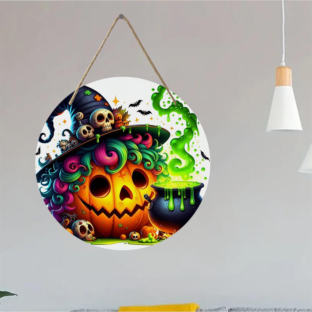 Colorful Spooky Pumpkin Witch Hat Print Round Wooden Hanging Plaque Wall Decor Front Door Sign Home Party Autumn Holiday Ornament Gift