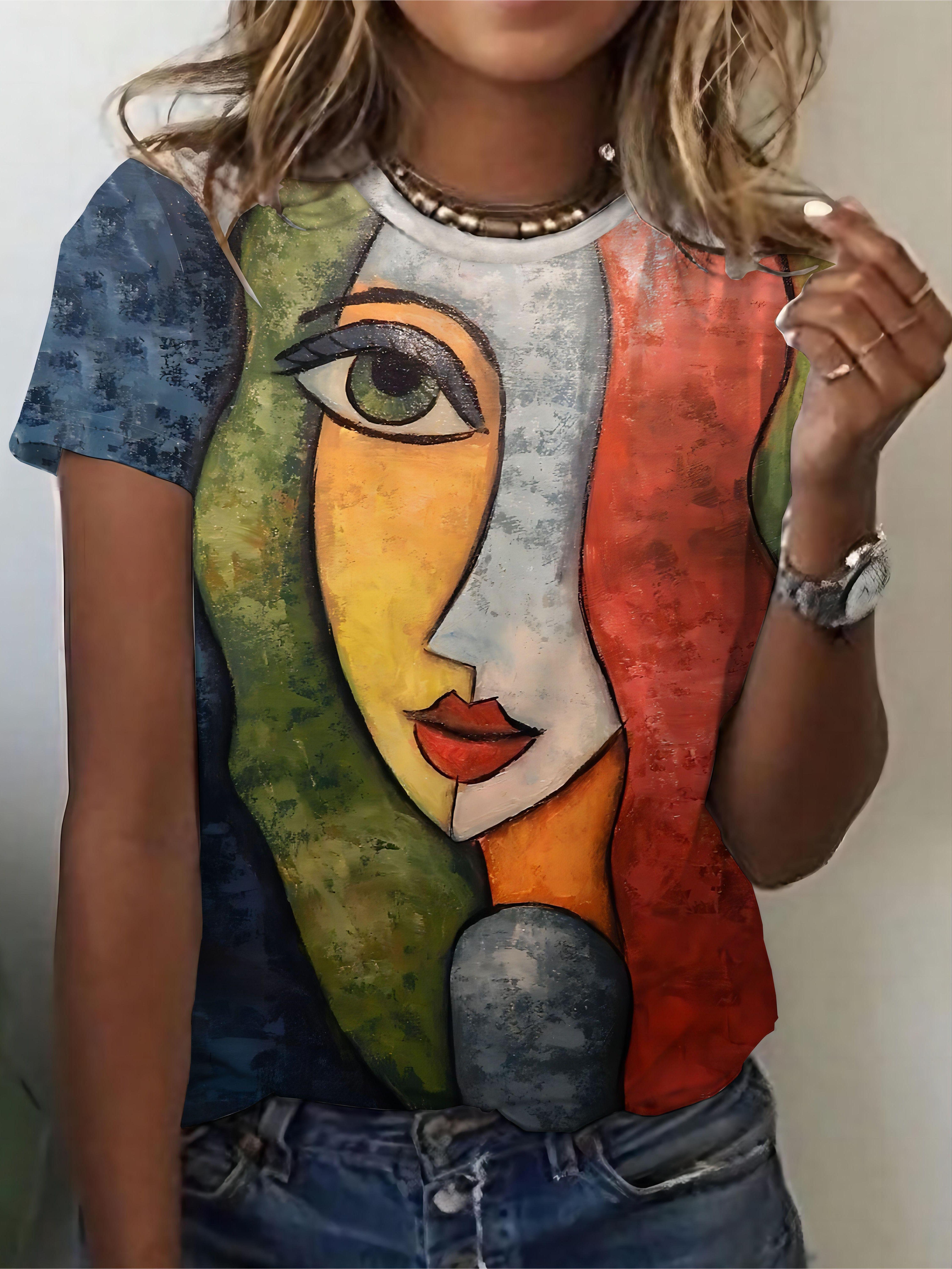 Полиэстеровая футболка с абстрактным изображением лица - Женская повседневная с круглым вырезом S дубильная кора