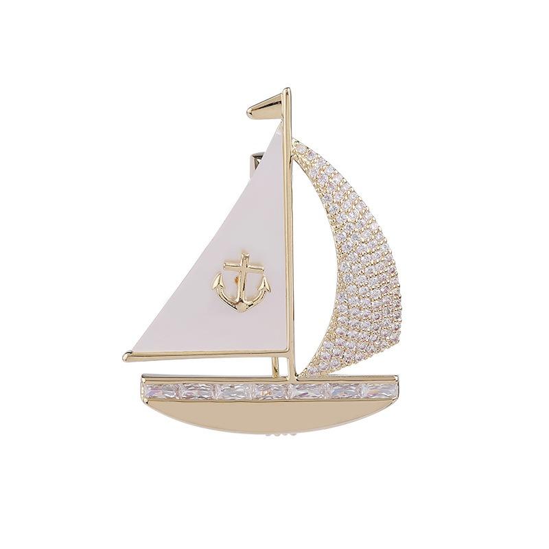 Fashion Autumn and Winter Clothing Mother Shell Zircon Inlaid High-end Pins Smooth Sailing Design Sailing Brooch