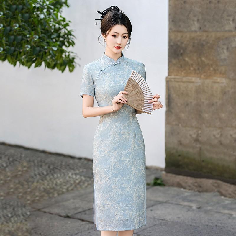 Elegant Chinese-Inspired Midi Dress Women Stand Collar Floral Jacquard Slight Stretch 2025 Medium