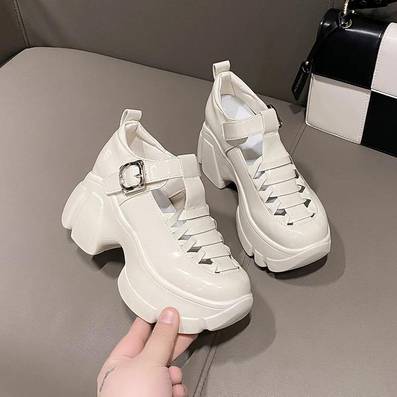 Fashion Women Patent Leather Chunky Sneakers Breathable Chain High Heels British Style Platform Casual Shoes Woman 7cm