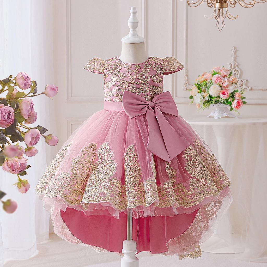 Girls' Elegant Lace Princess Evening Dress with Train for Special Occasions