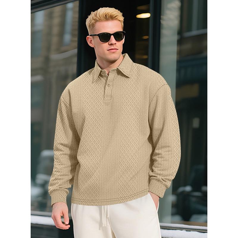 Men's New Solid Color Textured Jacquard Polo Sweatshirt, Lapel Long Sleeve Loose Fit Button Casual Pullover, European American Style