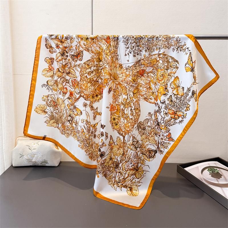 70Cm Vintage Square Silk Scarf Soft Satin Shawl Floral Butterfly Print Bandana for Women Neck Scarves Hairband for Trip and Gift