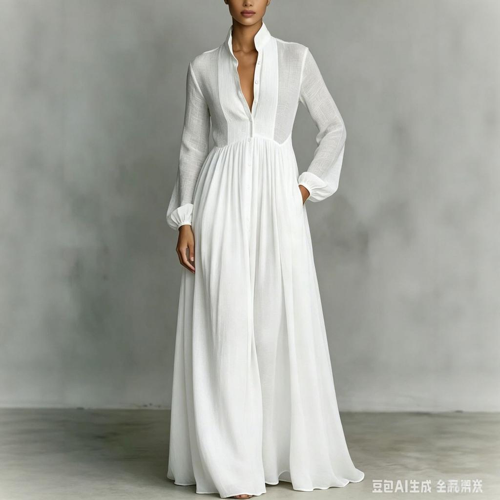 European and American French waist and thin long-sleeved pleated dress temperament elegant retro leisure