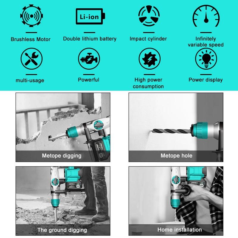 2000w 3 in 1 Cordless Brushless Electric Rotary Hammer Drill + Electric Rotary Hammer Drill for 18V Battery