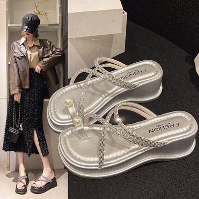 Thick-bottomed Set of Toe Slippers for Women To Wear 2025 Summer New Korean Version of Rhinestone Fairy Wind Beach Slope Heel Cool Slippers for Women